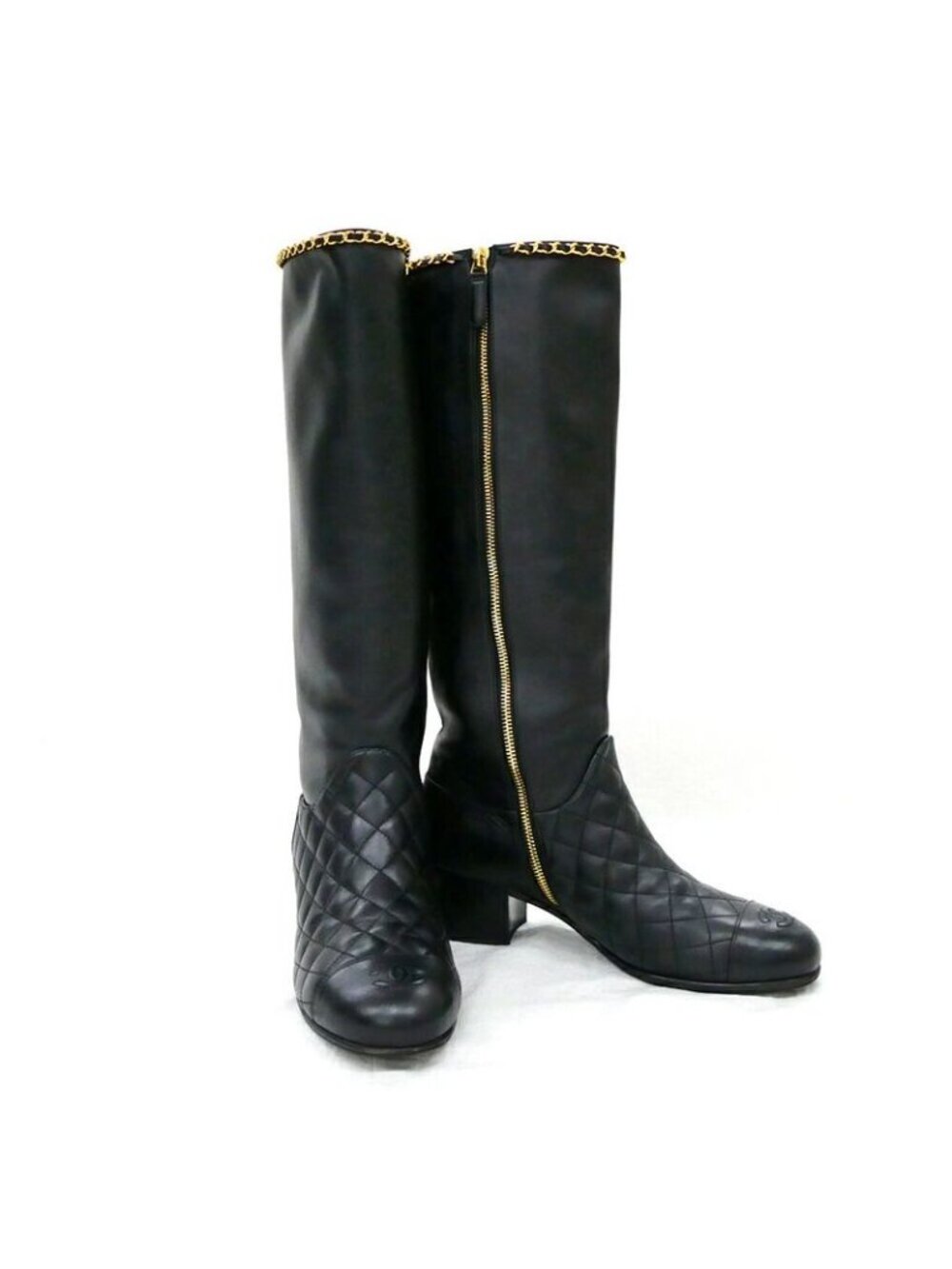 Chanel Chain Long Boots 38.5 Black Gold Quilted Shoes - Picture 3 of 10